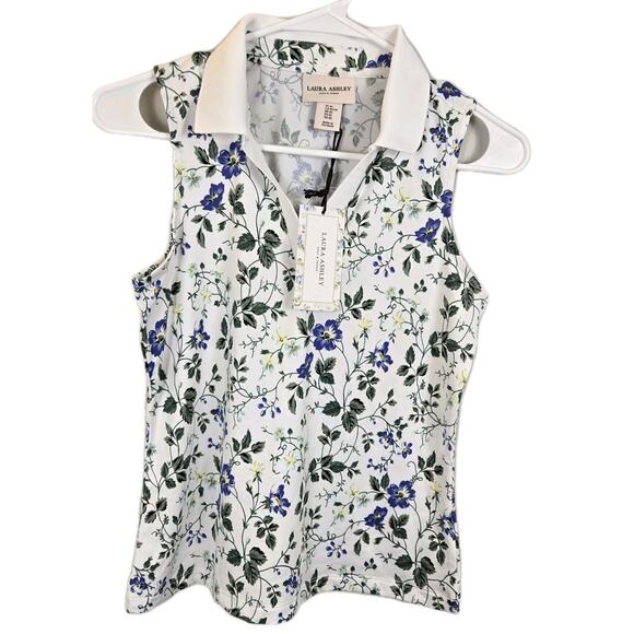 Laura Ashley Golf & Tennis Collared Shirt XS Sleeveless BLUE Floral NWT ATHLEISU - Picture 1 of 9